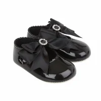 B060: Baby Girls Bow & Diamante Soft Soled Shoe-Black  (Shoe Sizes: 0-3)